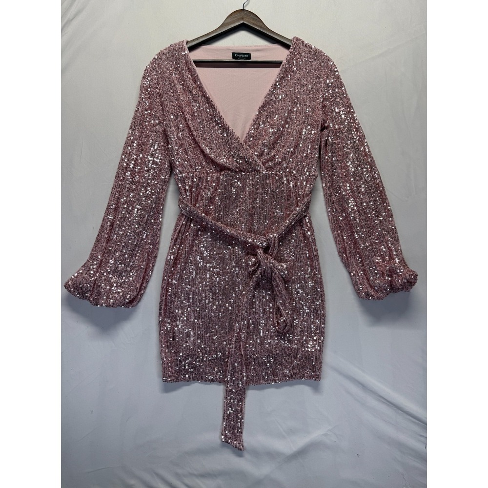 Bebe Sheath Mini Dress Womens Small Pink Sequin Belted Surplice Neck Tie Waist
